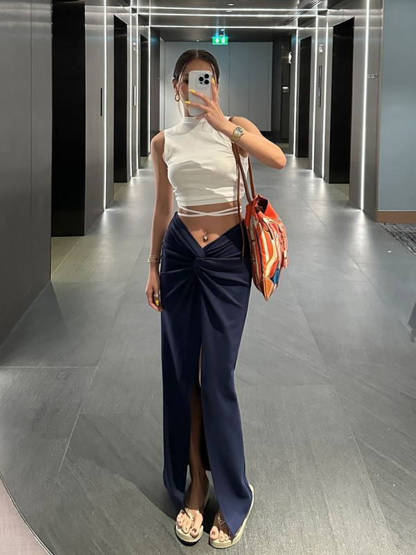 Japanska seksi suknja visokog struka za žene, ljetne maksi plave Y2k suknje, duge koketne suknje s prorezom, jednobojne, uske, korejske modne falda