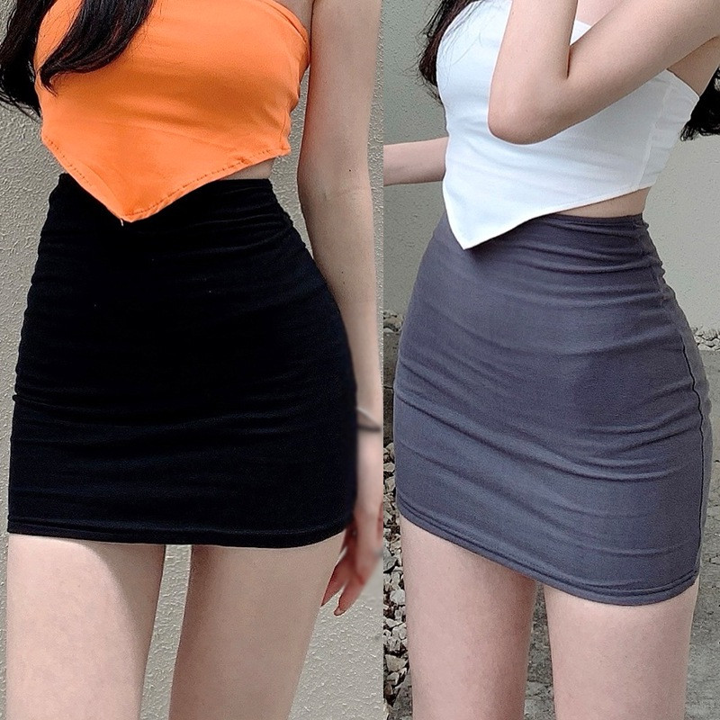 Fuste subțiri pentru femei, cu talie înaltă, elastică, încrețită, pentru club de noapte, mini strâns, negru, asimetric