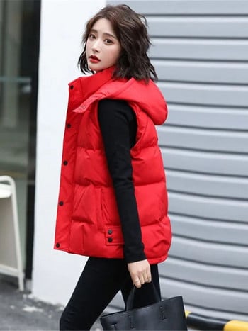 Κορεάτικο πουπουλένιο βαμβακερό γυναικείο γιλέκο Φθινοπωρινό χειμερινό κοντό γιλέκο όρθιο γιακά μπουφάν αμάνικο λευκό γιλέκο γυναικείο με κουκούλα 2022