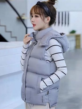 Κορεάτικο πουπουλένιο βαμβακερό γυναικείο γιλέκο Φθινοπωρινό χειμερινό κοντό γιλέκο όρθιο γιακά μπουφάν αμάνικο λευκό γιλέκο γυναικείο με κουκούλα 2022