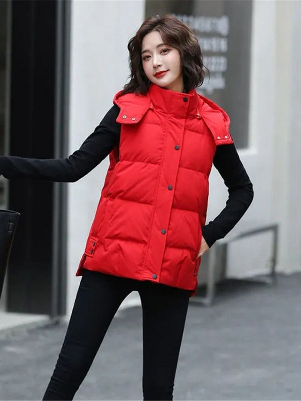 Dámska kórejská bavlnená vesta z páperovej bavlny, jeseň/zima, krátka vesta so stojacím golierom, bunda bez rukávov, biela vesta s kapucňou, žena 2022