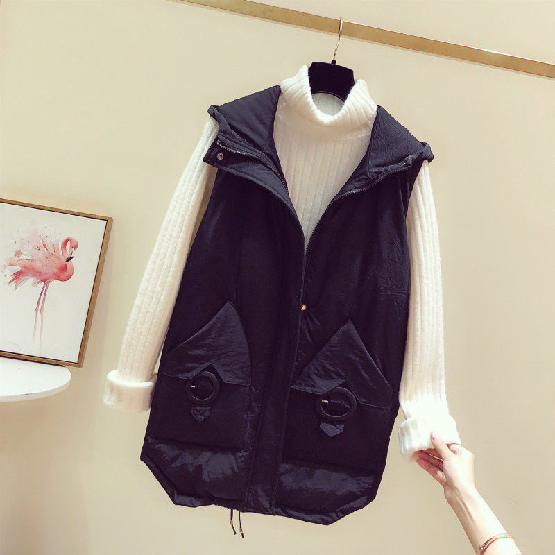 Μπουφάν με κουκούλα Γιλέκο πουπουλένιο Βαμβακερό γιλέκο Γυναικείο Μεσαίο μήκους Χειμώνας 2021 Κορεατική μόδα Χαλαρό Chaleco Mujer Body πιο ζεστό παλτό Gilet