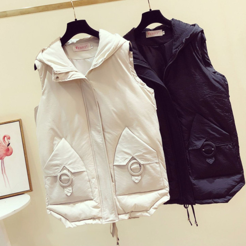 Μπουφάν με κουκούλα Γιλέκο πουπουλένιο Βαμβακερό γιλέκο Γυναικείο Μεσαίο μήκους Χειμώνας 2021 Κορεατική μόδα Χαλαρό Chaleco Mujer Body πιο ζεστό παλτό Gilet