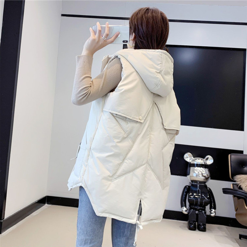 Μπουφάν με κουκούλα Γιλέκο πουπουλένιο Βαμβακερό γιλέκο Γυναικείο Μεσαίο μήκους Χειμώνας 2021 Κορεατική μόδα Χαλαρό Chaleco Mujer Body πιο ζεστό παλτό Gilet
