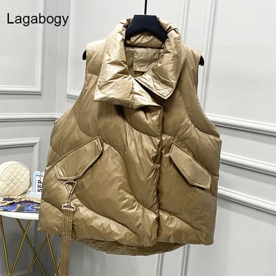 Lagabogy Noua Iarnă Oversize Vestă albă din puf de rață Mantoane pentru femei Gilet cu buzunar mare Jachetă puf de toamnă Parka largi