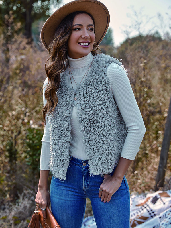 Relish Noless Jachetă de pluș, ocazională, solidă, pentru femei, toamnă iarnă 2023, nou în jachete fără mâneci, cu îmbrăcăminte regulată