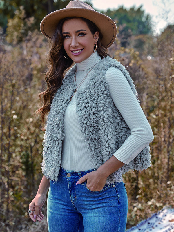 Relish Noless Jachetă de pluș, ocazională, solidă, pentru femei, toamnă iarnă 2023, nou în jachete fără mâneci, cu îmbrăcăminte regulată