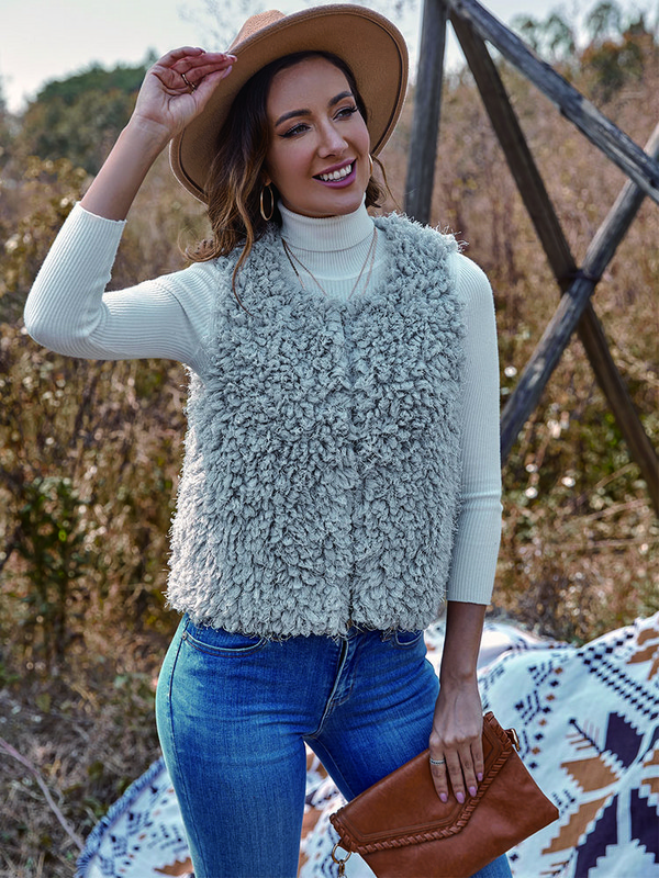 Relish Noless Jachetă de pluș, ocazională, solidă, pentru femei, toamnă iarnă 2023, nou în jachete fără mâneci, cu îmbrăcăminte regulată