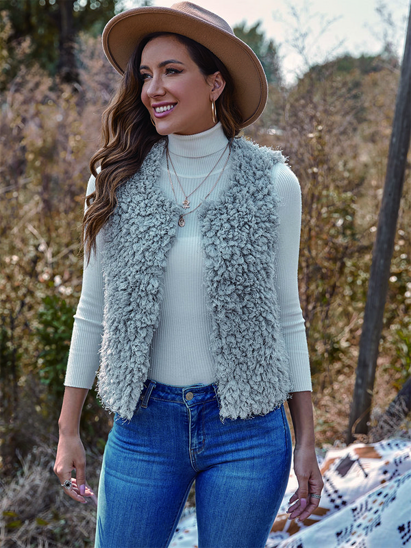 Relish Noless Jachetă de pluș, ocazională, solidă, pentru femei, toamnă iarnă 2023, nou în jachete fără mâneci, cu îmbrăcăminte regulată