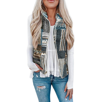 Γυναικείο φανελάκι Polar Fleece Φθινοπωρινό χειμερινό ψηλό γιακά με φερμουάρ Αμάνικο μπουφάν χοντρό ζεστό γιλέκο Σλιπ ρούχο Λεοπάρ παλτό