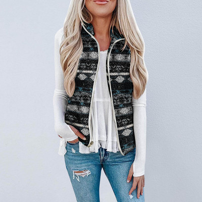 Γυναικείο φανελάκι Polar Fleece Φθινοπωρινό χειμερινό ψηλό γιακά με φερμουάρ Αμάνικο μπουφάν χοντρό ζεστό γιλέκο Σλιπ ρούχο Λεοπάρ παλτό