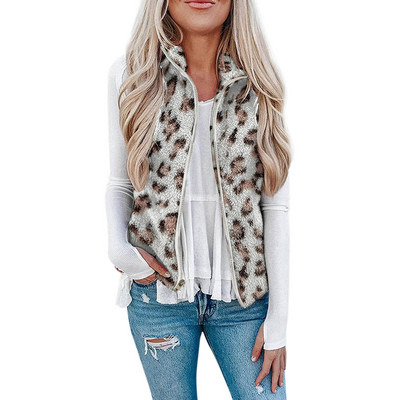 Γυναικείο φανελάκι Polar Fleece Φθινοπωρινό χειμερινό ψηλό γιακά με φερμουάρ Αμάνικο μπουφάν χοντρό ζεστό γιλέκο Σλιπ ρούχο Λεοπάρ παλτό