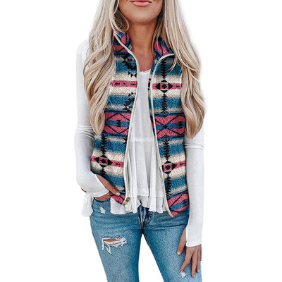 Γυναικείο φανελάκι Polar Fleece Φθινοπωρινό χειμερινό ψηλό γιακά με φερμουάρ Αμάνικο μπουφάν χοντρό ζεστό γιλέκο Σλιπ ρούχο Λεοπάρ παλτό