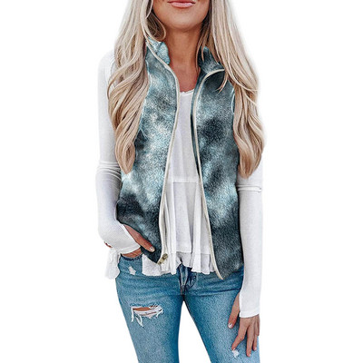 Γυναικείο φανελάκι Polar Fleece Φθινοπωρινό χειμερινό ψηλό γιακά με φερμουάρ Αμάνικο μπουφάν χοντρό ζεστό γιλέκο Σλιπ ρούχο Λεοπάρ παλτό