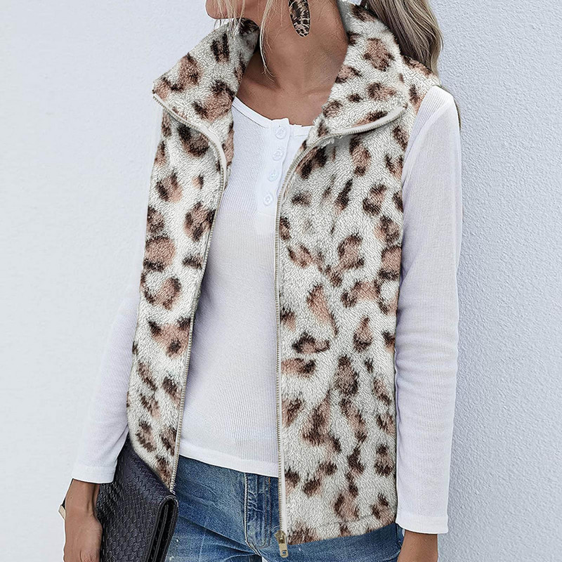 Γυναικείο φανελάκι Polar Fleece Φθινοπωρινό χειμερινό ψηλό γιακά με φερμουάρ Αμάνικο μπουφάν χοντρό ζεστό γιλέκο Σλιπ ρούχο Λεοπάρ παλτό