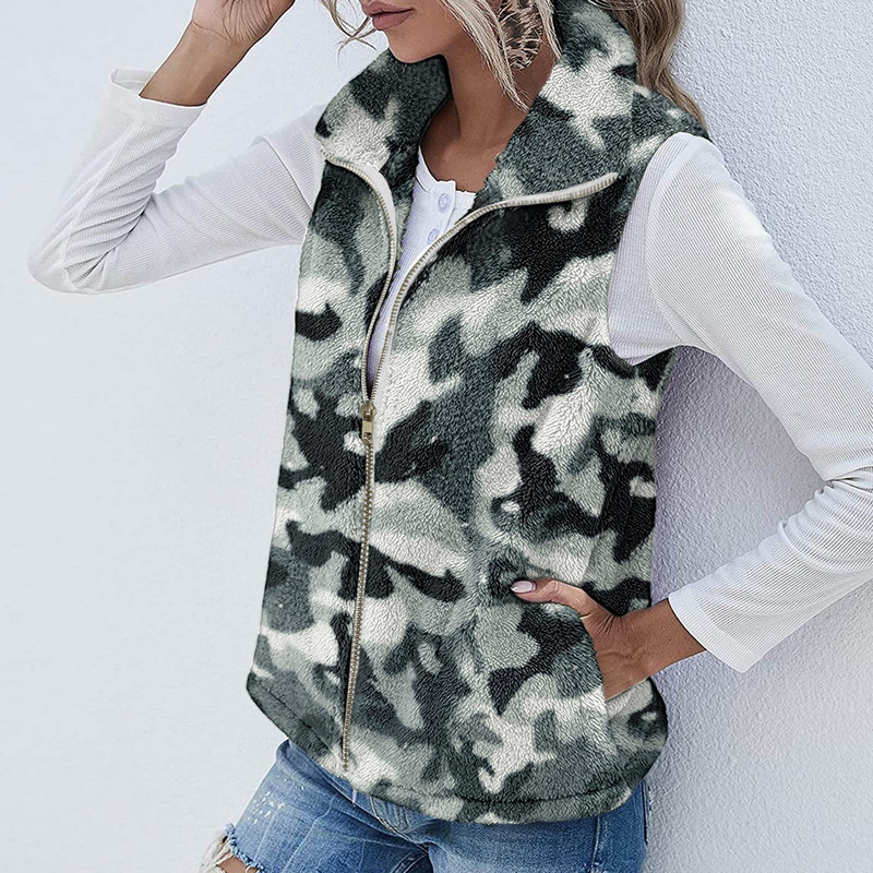 Γυναικείο φανελάκι Polar Fleece Φθινοπωρινό χειμερινό ψηλό γιακά με φερμουάρ Αμάνικο μπουφάν χοντρό ζεστό γιλέκο Σλιπ ρούχο Λεοπάρ παλτό