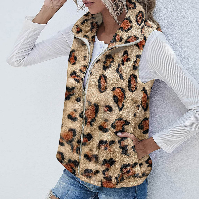 Γυναικείο φανελάκι Polar Fleece Φθινοπωρινό χειμερινό ψηλό γιακά με φερμουάρ Αμάνικο μπουφάν χοντρό ζεστό γιλέκο Σλιπ ρούχο Λεοπάρ παλτό