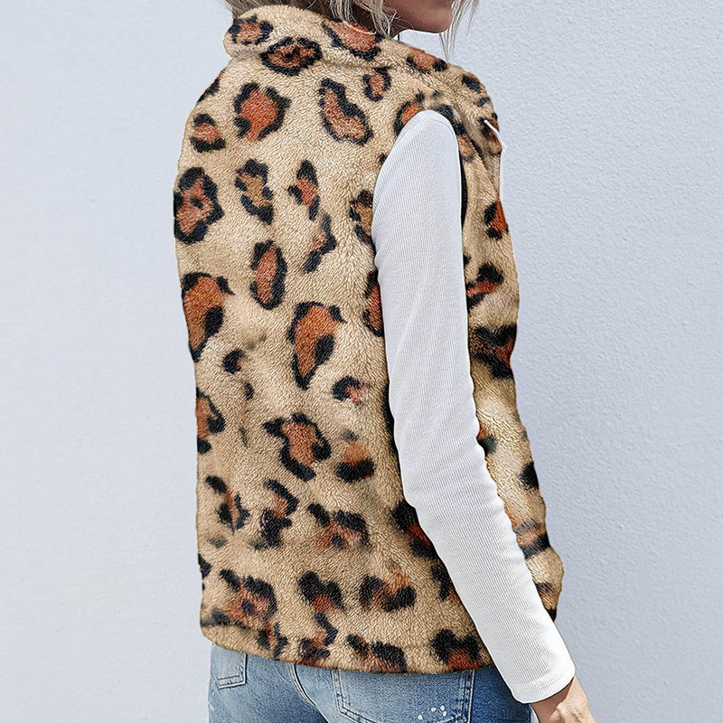 Γυναικείο φανελάκι Polar Fleece Φθινοπωρινό χειμερινό ψηλό γιακά με φερμουάρ Αμάνικο μπουφάν χοντρό ζεστό γιλέκο Σλιπ ρούχο Λεοπάρ παλτό