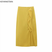 KEYANKETIAN Νέο μείγμα λινών υφής υφής Peplum με σχισμή ψηλή μέση μισή φούστα Sweet Wind Γυναικεία φούστα μέχρι τον αστράγαλο Χρυσό