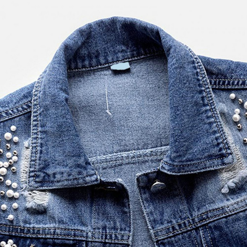 Дънкова дамска жилетка Луксозни перли Модно скъсано есенно дънково яке Без ръкави Свободно късо палто Ежедневни жилетки Скъсена жилетка