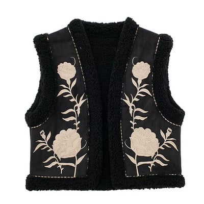 Jesenná vesta z jahňacej vlny pre ženy, vintage vesta s výstrihom do V, výšivka, vesta bez rukávov, dámska teplá vesta, dámsky ležérny kardigan