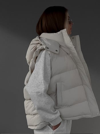 Παχύ γυναικείο γιλέκο 2023 Χειμερινό βαμβάκι Ζεστό φερμουάρ στο δρόμο Γυναικείο γιλέκο με κουκούλα Μεγάλη τσέπη Αμάνικο φαρδύ γυναικείο παλτό