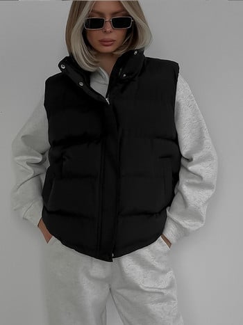 Παχύ γυναικείο γιλέκο 2023 Χειμερινό βαμβάκι Ζεστό φερμουάρ στο δρόμο Γυναικείο γιλέκο με κουκούλα Μεγάλη τσέπη Αμάνικο φαρδύ γυναικείο παλτό