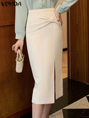 Γυναικείες κομψές φούστες 2023 VONDA Καλοκαιρινό φερμουάρ ψηλόμεσο επάνω Φιόγκος κόμπος πλαϊνό σπαστό Midi φούστες Casual μονόχρωμο χαλαρό πάτο