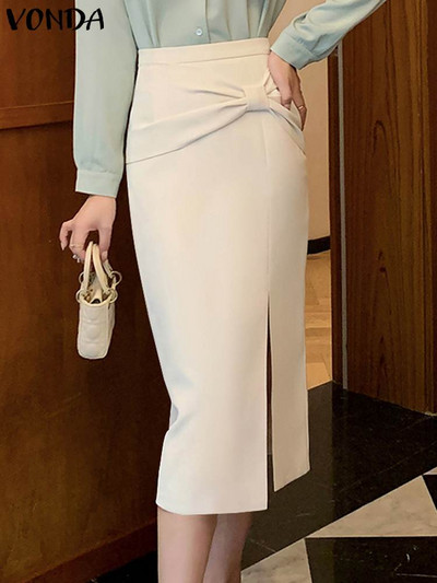 Γυναικείες κομψές φούστες 2023 VONDA Καλοκαιρινό φερμουάρ ψηλόμεσο επάνω Φιόγκος κόμπος πλαϊνό σπαστό Midi φούστες Casual μονόχρωμο χαλαρό πάτο