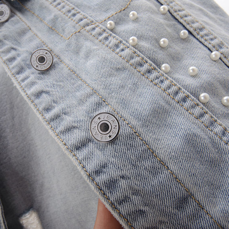 Γυναικείο κορεάτικο στιλ δαντέλα με χάντρες τζιν γιλέκο τζιν γιλέκο μόδας ζακέτα αμάνικο κομμένο τοπ Χαλαρό σε συν μέγεθος σκισμένο γιλέκο