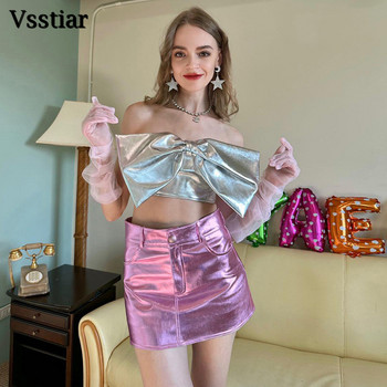 Vsstiar Fashion μεταλλικές μίνι γυναικείες φούστες Ροζ ασημένιες τσέπες ψηλόμεσο κορμάκι κάτω σέξι πάρτι Clubwear Y2K κοριτσίστικα ρούχα