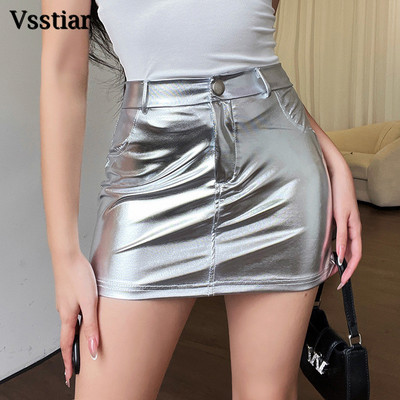 Vsstiar Fashion μεταλλικές μίνι γυναικείες φούστες Ροζ ασημένιες τσέπες ψηλόμεσο κορμάκι κάτω σέξι πάρτι Clubwear Y2K κοριτσίστικα ρούχα