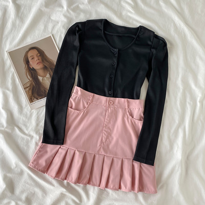 Costum cu fustă scurtă pentru femeie Hot Girl Party Palatul coreean Hot Girl Bubble Maneca Tricou scurt Retro Jucăuș Fusta plisată