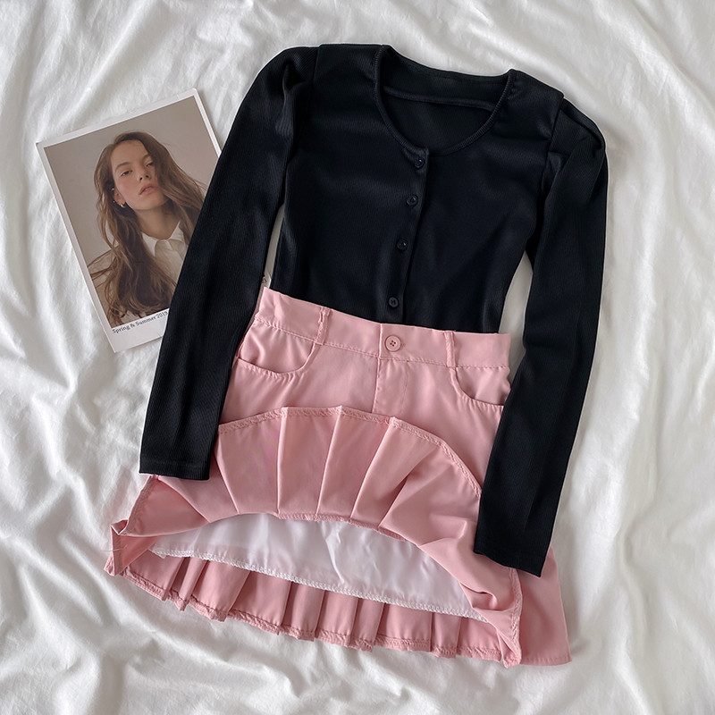 Costum cu fustă scurtă pentru femeie Hot Girl Party Palatul coreean Hot Girl Bubble Maneca Tricou scurt Retro Jucăuș Fusta plisată