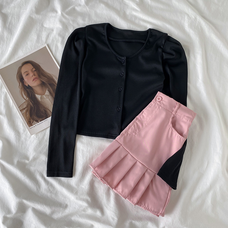 Costum cu fustă scurtă pentru femeie Hot Girl Party Palatul coreean Hot Girl Bubble Maneca Tricou scurt Retro Jucăuș Fusta plisată