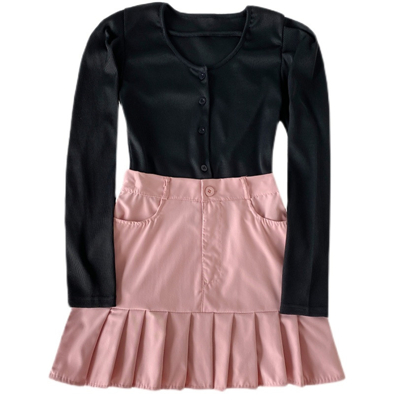 Costum cu fustă scurtă pentru femeie Hot Girl Party Palatul coreean Hot Girl Bubble Maneca Tricou scurt Retro Jucăuș Fusta plisată