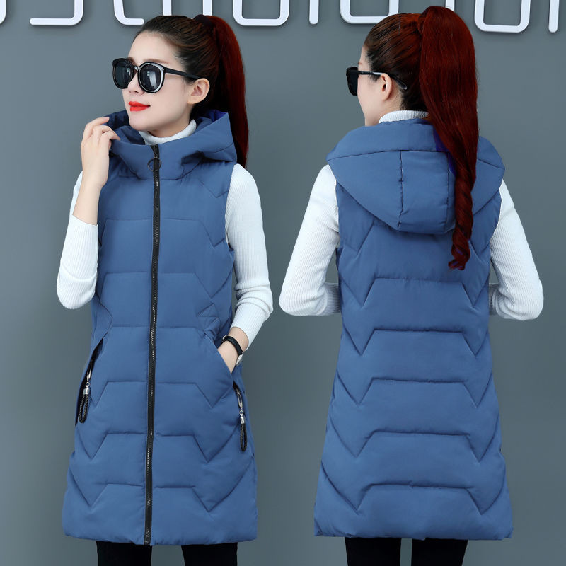 Vestă cu glugă de lungime mijlocie pentru femei de modă, fără mâneci, din bumbac, cardigan coreean, slim fit, jachetă caldă, toamnă, iarnă, mărime mare