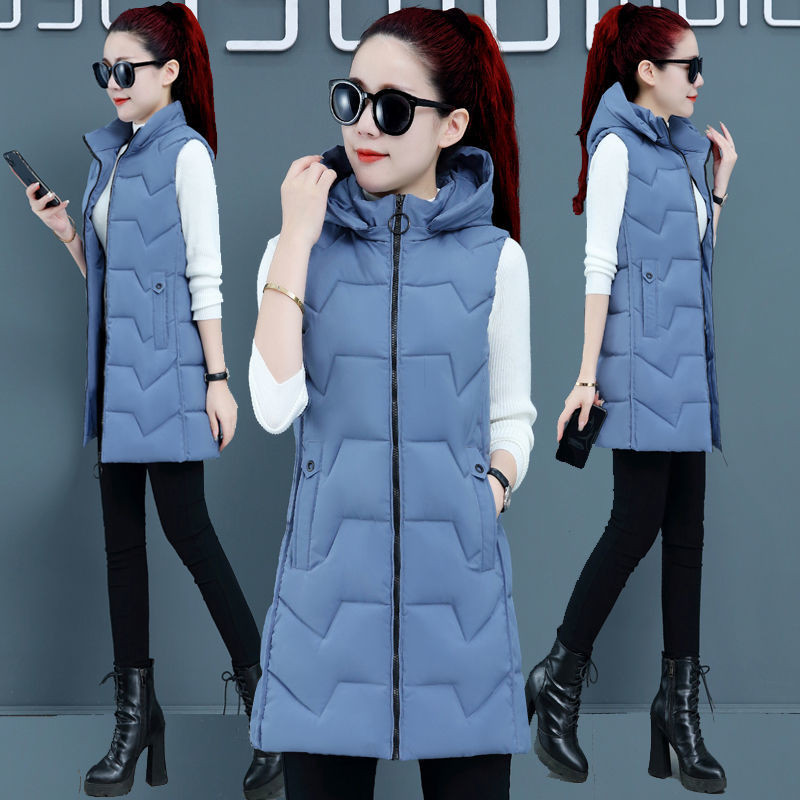 Vestă cu glugă de lungime mijlocie pentru femei de modă, fără mâneci, din bumbac, cardigan coreean, slim fit, jachetă caldă, toamnă, iarnă, mărime mare