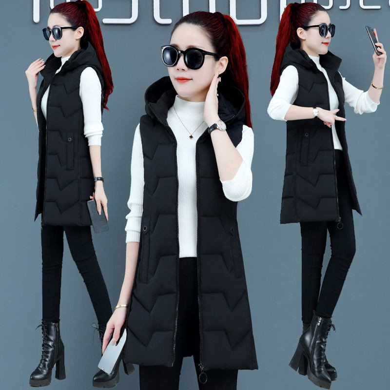 Vestă cu glugă de lungime mijlocie pentru femei de modă, fără mâneci, din bumbac, cardigan coreean, slim fit, jachetă caldă, toamnă, iarnă, mărime mare