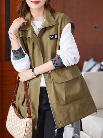 Νέο υπερμεγέθη γιλέκο γυναικεία αμάνικη ζακέτα Κορεάτικη μόδα Ανοιξιάτικο φθινοπωρινό μπουφάν Ανεμοδράστη με κορδόνι μέσης casual παλτό