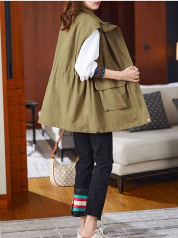 Νέο υπερμεγέθη γιλέκο γυναικεία αμάνικη ζακέτα Κορεάτικη μόδα Ανοιξιάτικο φθινοπωρινό μπουφάν Ανεμοδράστη με κορδόνι μέσης casual παλτό