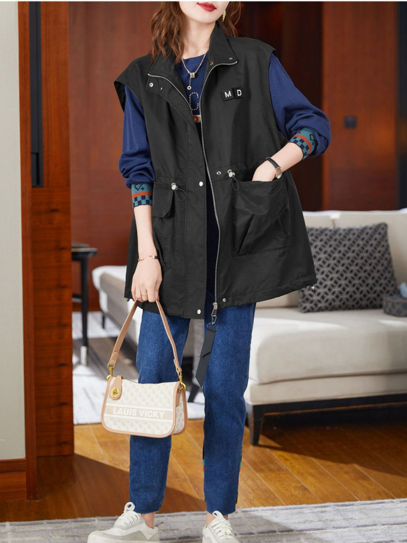 Νέο υπερμεγέθη γιλέκο γυναικεία αμάνικη ζακέτα Κορεάτικη μόδα Ανοιξιάτικο φθινοπωρινό μπουφάν Ανεμοδράστη με κορδόνι μέσης casual παλτό