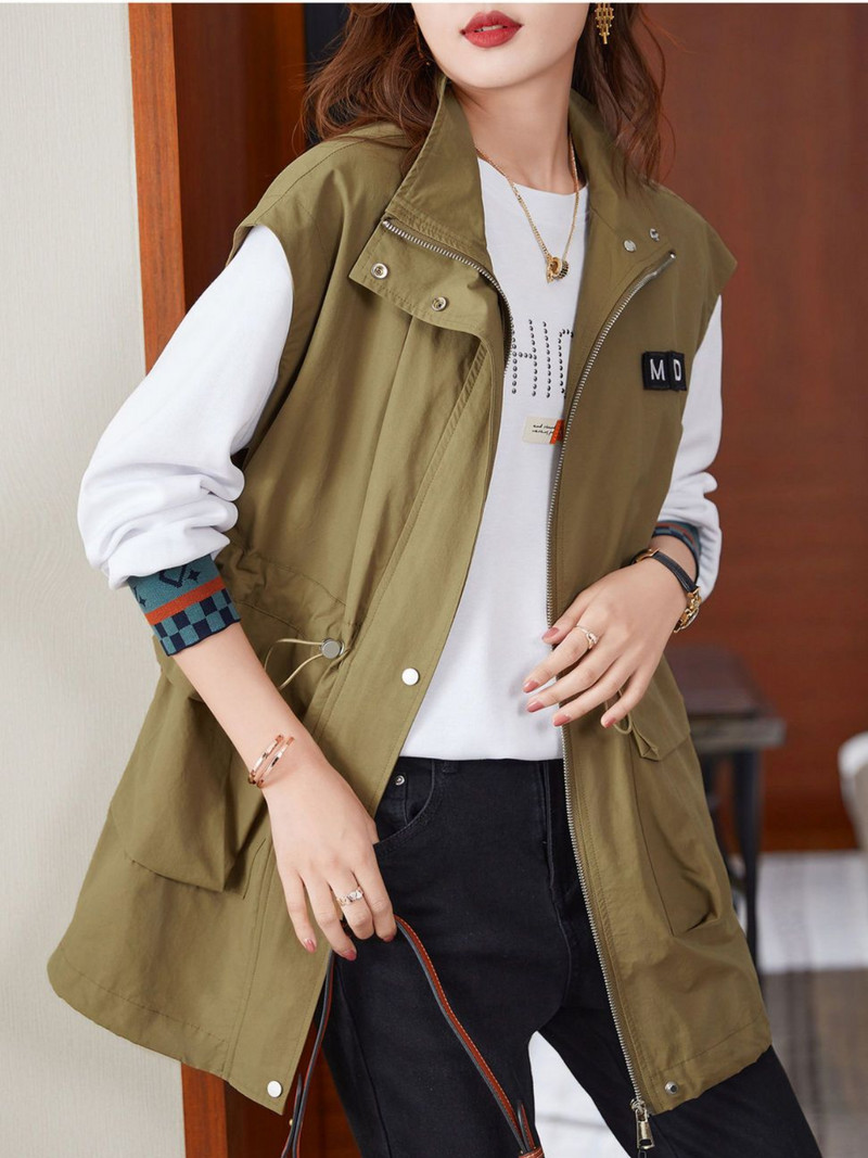 Νέο υπερμεγέθη γιλέκο γυναικεία αμάνικη ζακέτα Κορεάτικη μόδα Ανοιξιάτικο φθινοπωρινό μπουφάν Ανεμοδράστη με κορδόνι μέσης casual παλτό