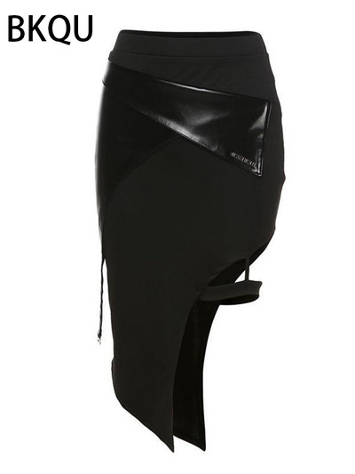 BKQU Hot Girl Fuste Neregulate Femei 2023 Moda Piele Patchwork Talie Înaltă A-Line Sexy Slit Midi Fusta Vară Y2K Estetică