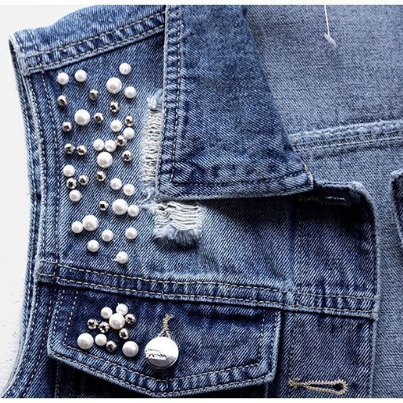S-5XL Vestă din denim cu margele pentru femei Topuri fără mâneci Cardigan decupat Imbracaminte de stradă Moda coreeană Primăvară Toamnă Palton subțire de înaltă calitate