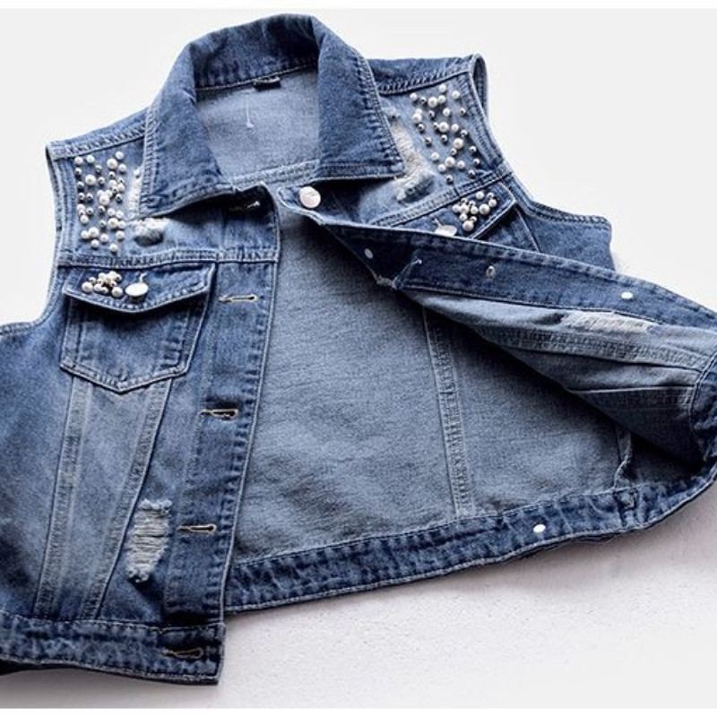 S-5XL Vestă din denim cu margele pentru femei Topuri fără mâneci Cardigan decupat Imbracaminte de stradă Moda coreeană Primăvară Toamnă Palton subțire de înaltă calitate