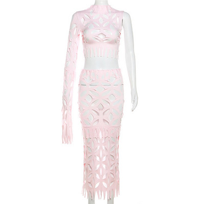 Set de două piese din mătase de lapte pentru femei de vară, cu mânecă lungă, crop topuri + ciucuri, fuste midi sexy, ținută de club de petrecere pentru femei