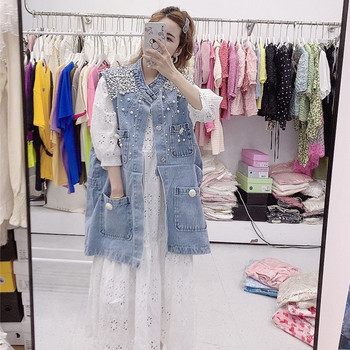 Shoulder Pearl Γυναικείο τζιν μπλουζάκι τζιν Γιλέκο Κορεατικής μόδας Ζακέτα Loose Plus Size Pearl Button Vest Designer