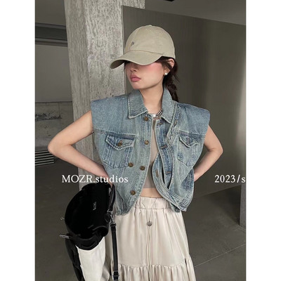 Vestă de blugi vintage Harajuku Y2k, jachetă fără mâneci de modă coreeană, tancuri pentru femei, îmbrăcăminte de stradă, vestă cu noduri, cardigan, crop top