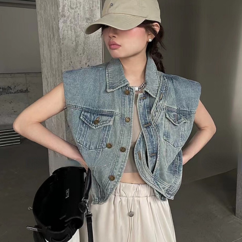 Vestă de blugi vintage Harajuku Y2k, jachetă fără mâneci de modă coreeană, tancuri pentru femei, îmbrăcăminte de stradă, vestă cu noduri, cardigan, crop top
